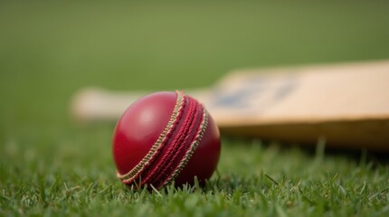 Red cricket ball and wooden bat on pitch, green grass, daylight, professional sports scene, no people.