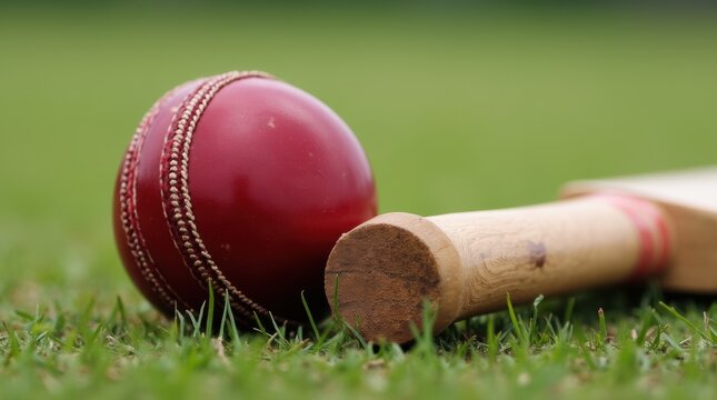 Red cricket ball and wooden bat on pitch, green grass, daylight, professional sports scene, no people.