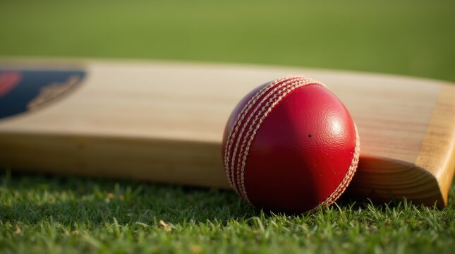 Red cricket ball and wooden bat on pitch, green grass, daylight, professional sports scene, no people.