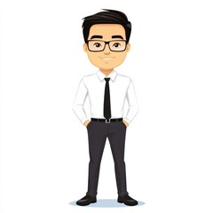 Obraz premium Cartoon Asian Man in Corporate Attire with Glasses and Casual Pose