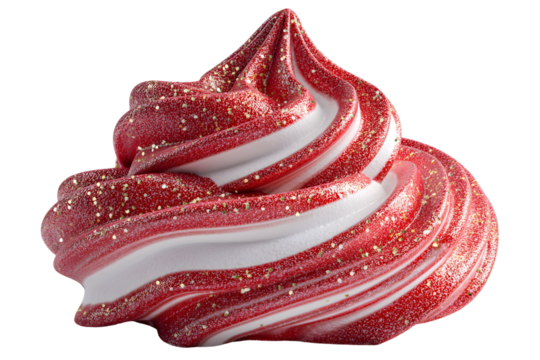 Delicious swirl of red and white frosting with sprinkles on a transparent background