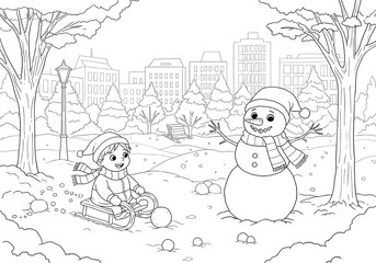 Coloring pages. cartoon children and snowman playing together with snowy city park theme coloring page. easy coloring page for kids. ready to print on standard A4 or 8.5x11 inch paper.