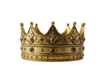 A gold crown detailed with black and red gems sits against a stark black background