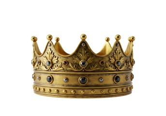 A gold crown detailed with black and red gems sits against a stark black background