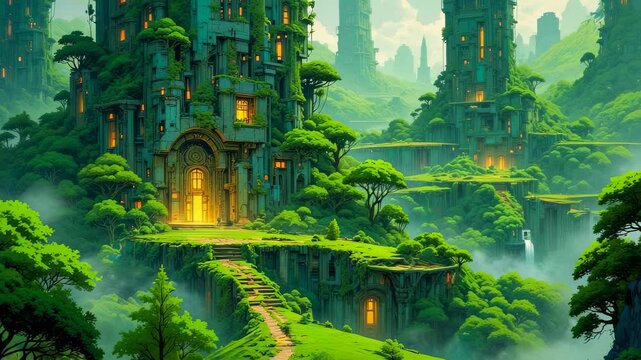 Ancient Overgrown Towers in Fantasy Landscape &ndash; Abandoned Stone Structures with Glowing Windows for Fantasy Gaming Backgrounds, Animated Environments, and Mystical World-Building Videos