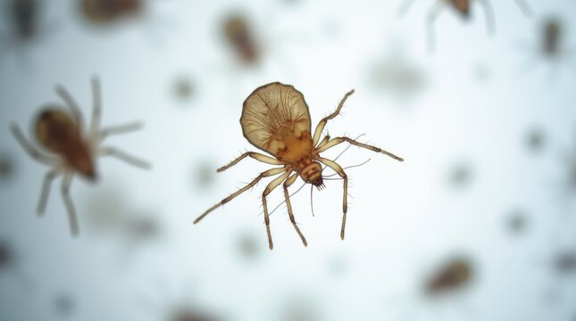 Dust mite with eight legs and translucent body, magnified under microscope, scientific illustration for allergen awareness, no people.