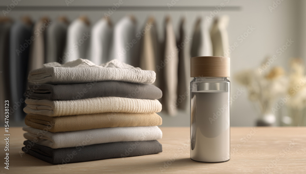 Poster A clean and organized display showcases neatly folded garments stacked beside a glass container.