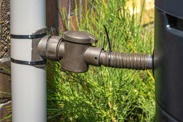 Detail of rain barrel connection to downspout, rainwater tank attached to drainage