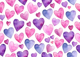 A whimsical pattern of pink and purple watercolor hearts on a white background, evenly spaced and overlapping in various sizes.