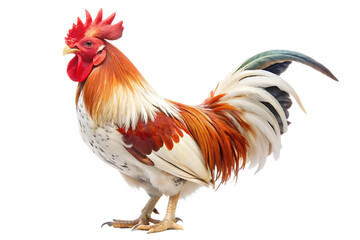 Fototapeta premium Red and White Rooster with Long Tail Feathers Isolated on White Background A I G E N E R A T E D - P N G isolated on a transparent background