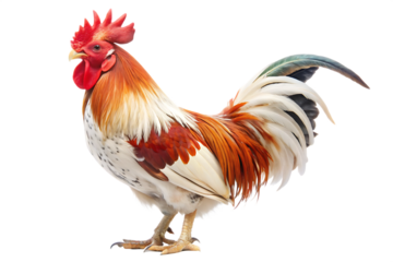 Red and White Rooster with Long Tail Feathers Isolated on White Background A I G E N E R A T E D - P N G isolated on a transparent background