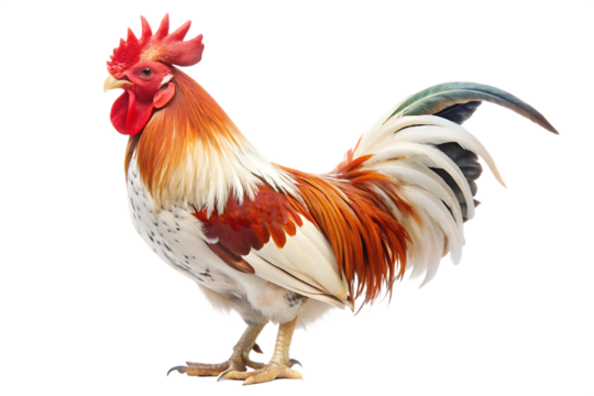 Red and White Rooster with Long Tail Feathers Isolated on White Background A I G E N E R A T E D - P N G isolated on a transparent background