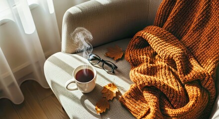 Hygge Inspired Autumnal Still Life with Steaming Hot Mug