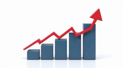 Dark blue bars increase steadily with a bold red upward arrow, symbolizing business growth, progress, and success, on a white background.