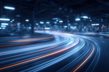 Bright light trails weave through a dark urban environment, creating a sense of motion and energy. The vibrant colors illuminate the space, adding depth and excitement to the scene.