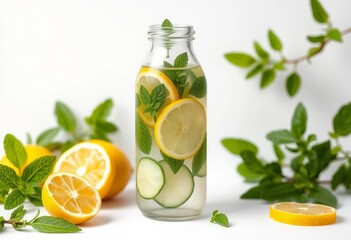 Fototapeta premium Refreshing lemon cucumber mint infused water in glass bottle on white background, diet plan, healthy