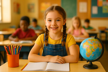 Happy schoolgirl smiles brightly in classroom near globe pencils books education learning