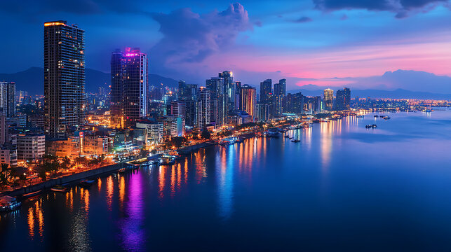 Evening cityscape of skycrapers lining the iconic Manila Bay