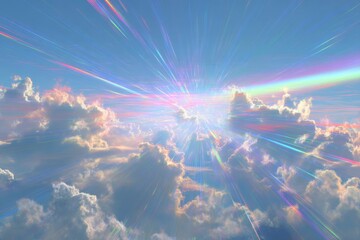 Dreamy Pastel Sky With Radiant Light Rays and Rainbow Hues
