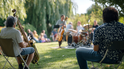 Obraz premium People relaxing and enjoying an open-air jazz performance at a summer festival