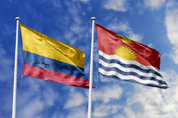 Colombia and Kiribati flags soaring together under a clear blue sky, symbolizing cross-continental...