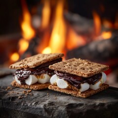 Two chocolate covered s'mores are sitting on a rock next to a fire
