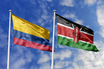 Colombia and Kenya flags flying proudly against a backdrop of a clear blue sky, illustrating...