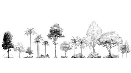 Architectural Drawings, Minimal style cad tree line drawing, Side view, set of section wetland forest outline for landscape design drawing. Vector illustration in seperate element Stock Vector
