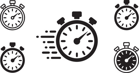 Monochrome fast stopwatch vector collection with motion streaks for time-sensitive projects