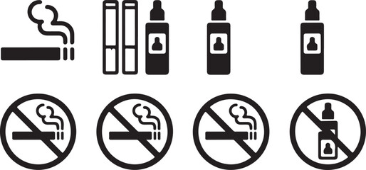  Clean flat icon set showing cigarette and vape prohibition symbols for health and safety signage