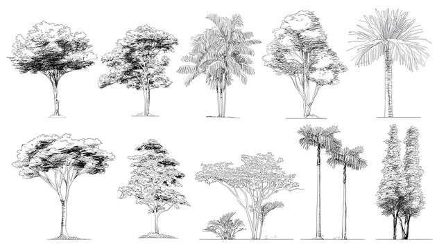 Architectural Drawings, Minimal style cad tree line drawing, Side view, set of section wetland forest outline for landscape design drawing. Vector illustration in seperate element Stock Vector