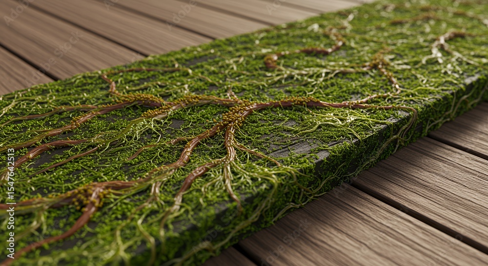 Fototapete bio-organic network: moss-covered wooden plank with intricate root-like structures