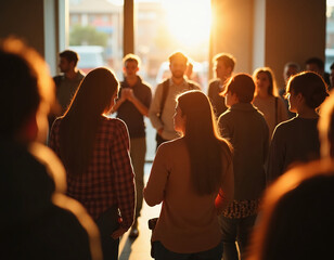 Groups of people are engaged in animated discussions and social interactions, their silhouettes casting long shadows as the sun sets, creating a lively and warm atmosphere in the room Generative AI