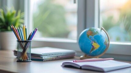 A desk with a pencil holder, a globe, and a notebook