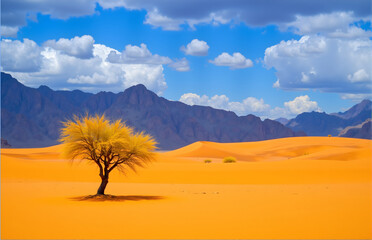 Fototapeta premium Lonely Tree in Desert with Distant Mountains and Clouds