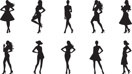 Elegant Women in Hat and Dress – Silhouettes of Fashion Figures