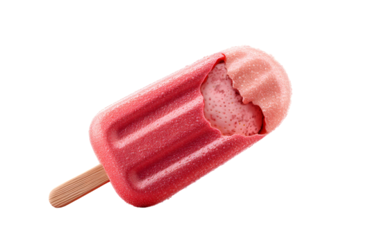 A delicious red ice cream popsicle with a bite taken out on a transparent background