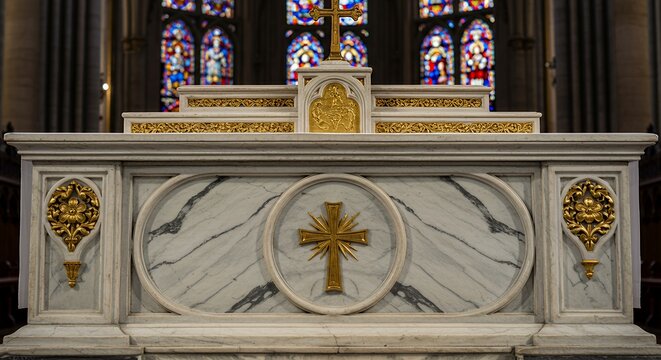 Ornate Marble Altar with Gilded Cross and Floral Accents in Cathedral Setting - Powered by Adobe