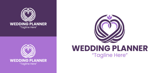 Charming Purple Wedding Planner Logo Featuring Heart and Rings Design