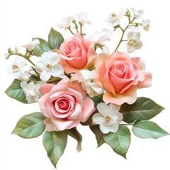 Fototapeta premium Soft Pink Roses and White Flowers Arrangement on a Green Background