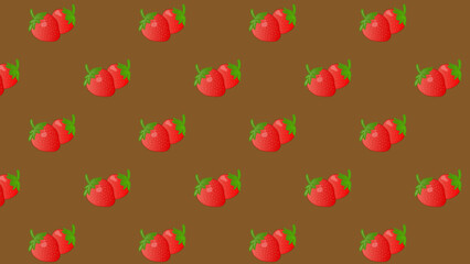 Brown seamless pattern with red strawberry. Background red cherries and green leaves. Vector design sweet berries as wallpaper