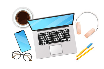 Office Supplies accessories includes laptops, pen and pencils, earphones,cup of coffee,eyeglasses, smartphone includes on white background.