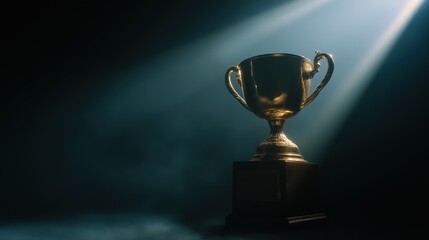 Glistening championship cup on velvet stand, symbolizing victory and prestige