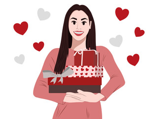 Woman showing heart. Romantic poster or banner, valentines day invitation card. Flirt and positive emotions and gestures.	Young Women Holding Gift Box, Cartoon Style Vector Illustration