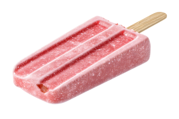 Refreshing strawberry popsicle with wooden stick isolated on transparent background