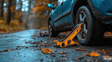 Blue car with flat tire, jack under wheel, autumnal road