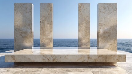 Beige marble columns, ocean backdrop