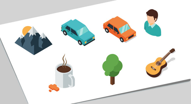 Fototapeta Isometric illustration featuring cars, mountain, sun, coffee, tree, guitar, and a person on a white surface