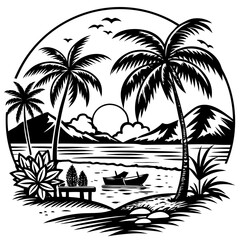 Tropical island landscape with palm trees and boat at sunset