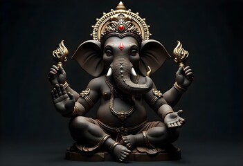 Fototapeta premium Majestic Black Lord Ganesha Statue with Golden Ornaments – 3D Render Spiritual Art